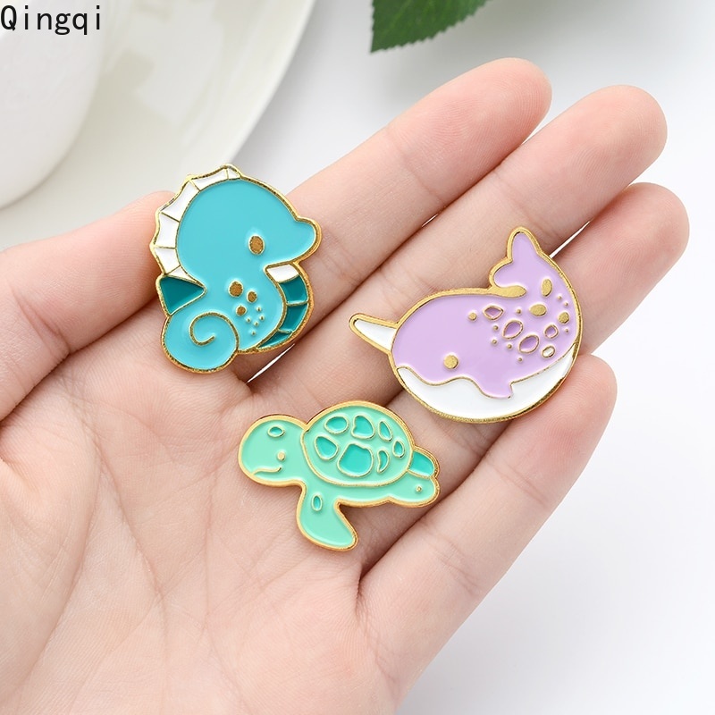 Bros Pin Enamel Bentuk Kartun Hewan Laut Kuda Nil Gurita Whale Turtle Untuk Hadiah Anak