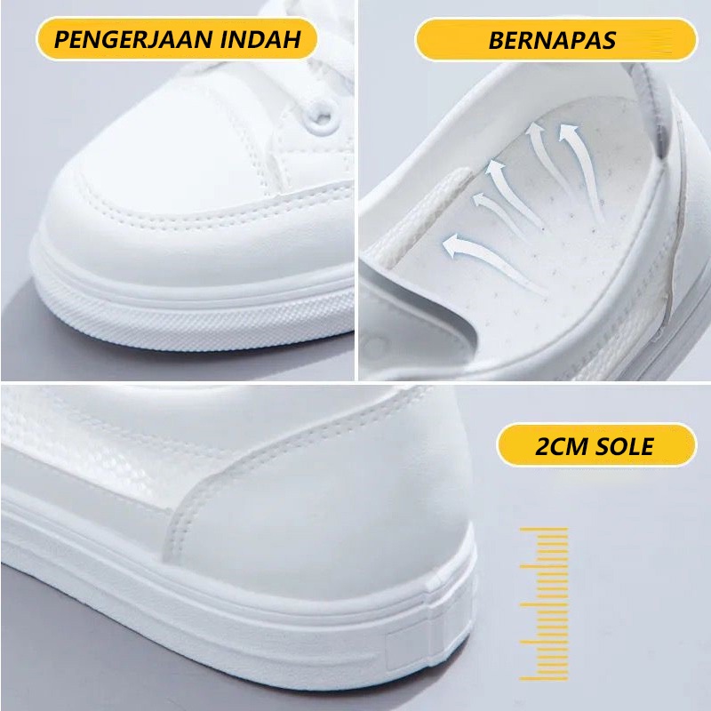 Sepatu Sneakers wanita kasual mesh berpori-pori sepatu putih bertali