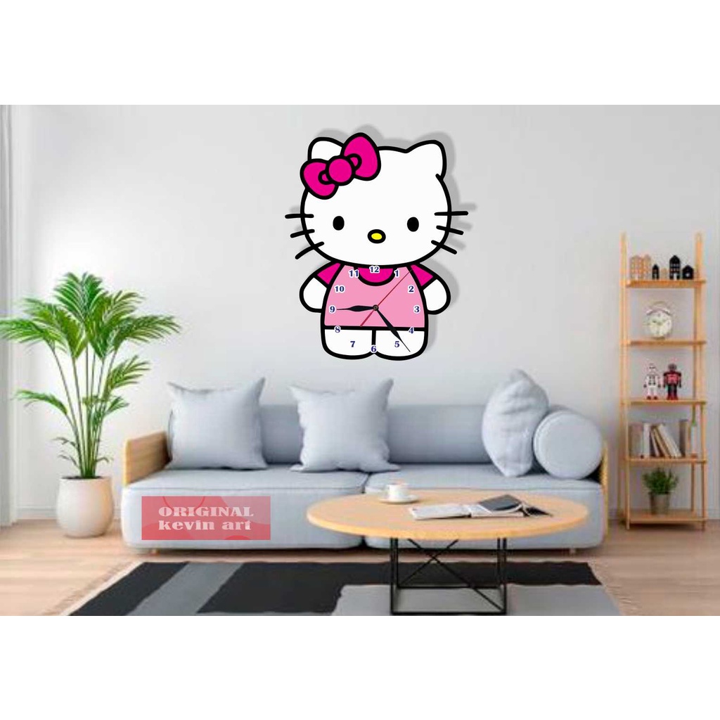 JAM DINDING KAYU HELLO KITTY UNIK ARTISTIK TERBARU MURAH