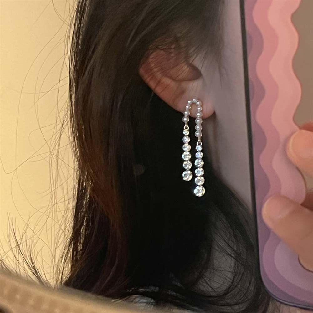 Mxbeauty Menjuntai Anting Trendi Elegan Mengkilap Mutiara Panjang Gadis Hadiah Geometris Zirkon Anting Korea