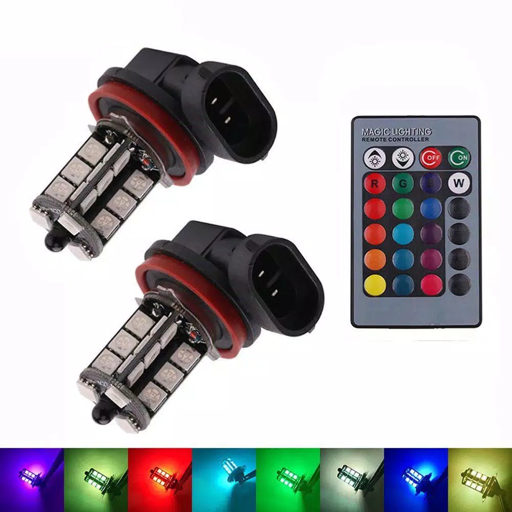 Lampu Foglamp Mobil LED H11 H8 RGB Remote 27 Titik SMD 5050 Isi 2 PCS