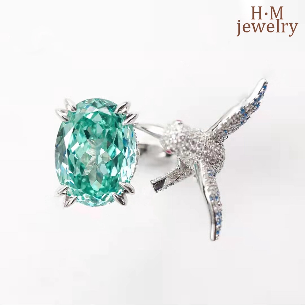 Cincin Model Terbuka Desain Burung Kolibri Warna Aquamarine