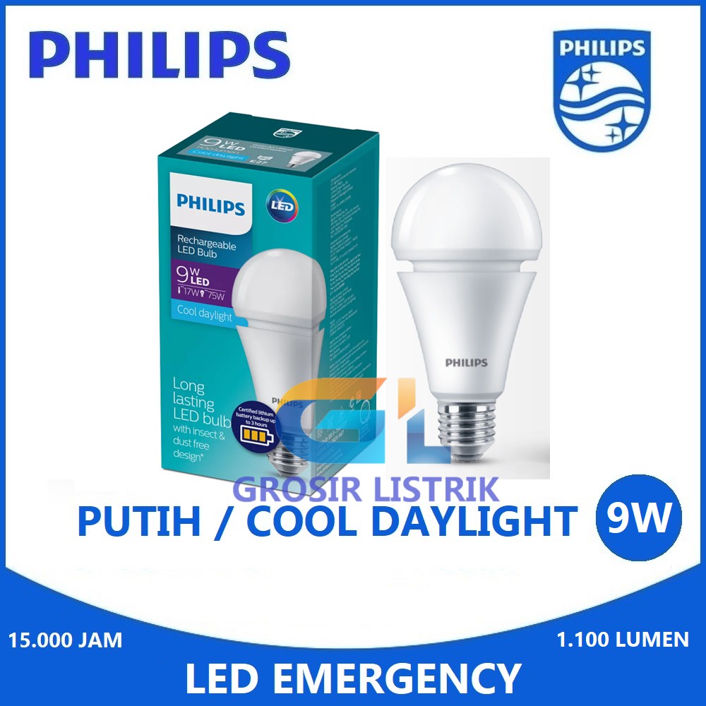 Lampu Emergency Philips LED 9W Putih Cool Daylight (Rechargeable Emergensi Cas 9 Watt W) Padam Mati