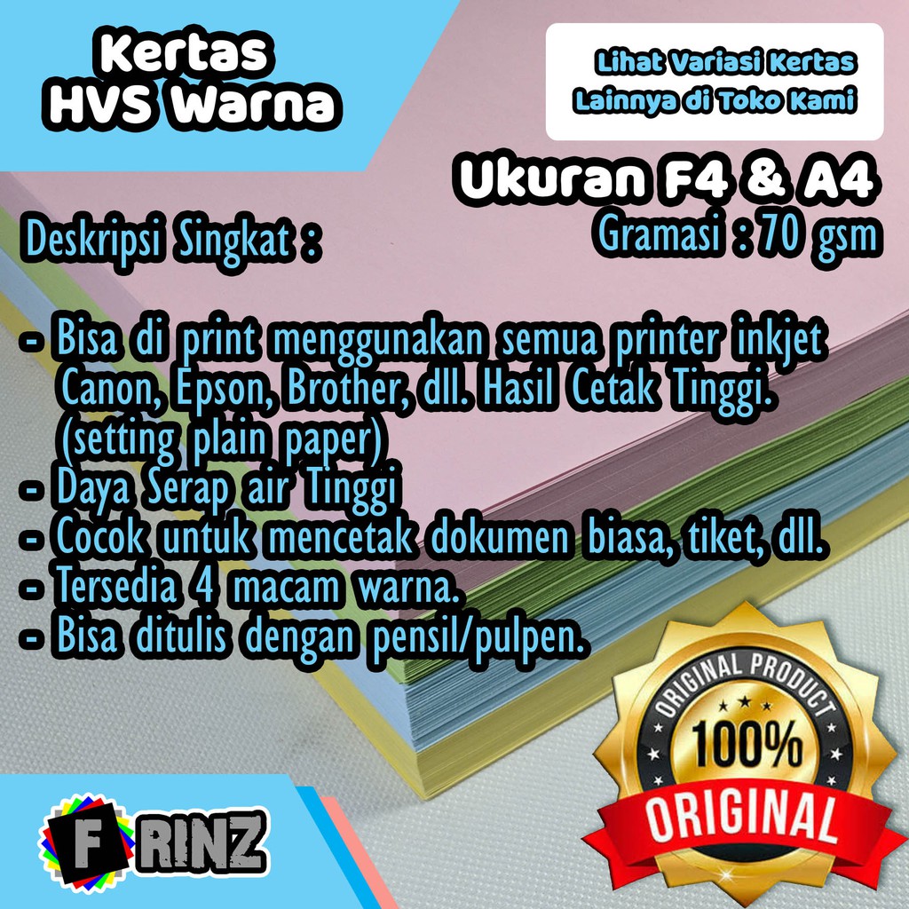 

Kertas HVS Warna F4 A4 / Kertas Tulis Pembatas Warna Warni Colour High Quality 70 Gsm