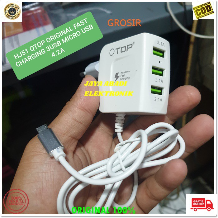 J82 ORIGINAL QTOP 4.2A ADAPTOR FAST CHARGING 3 USB TRAVEL ADAPTOR CHARGER FLASH CAS CASAN MICRO USB  3in1 adaptor hp micro usb cas casan super fast charging travel charger flash charge quick qualcomm adapter adaptive watt w kabel data androit handphone qu