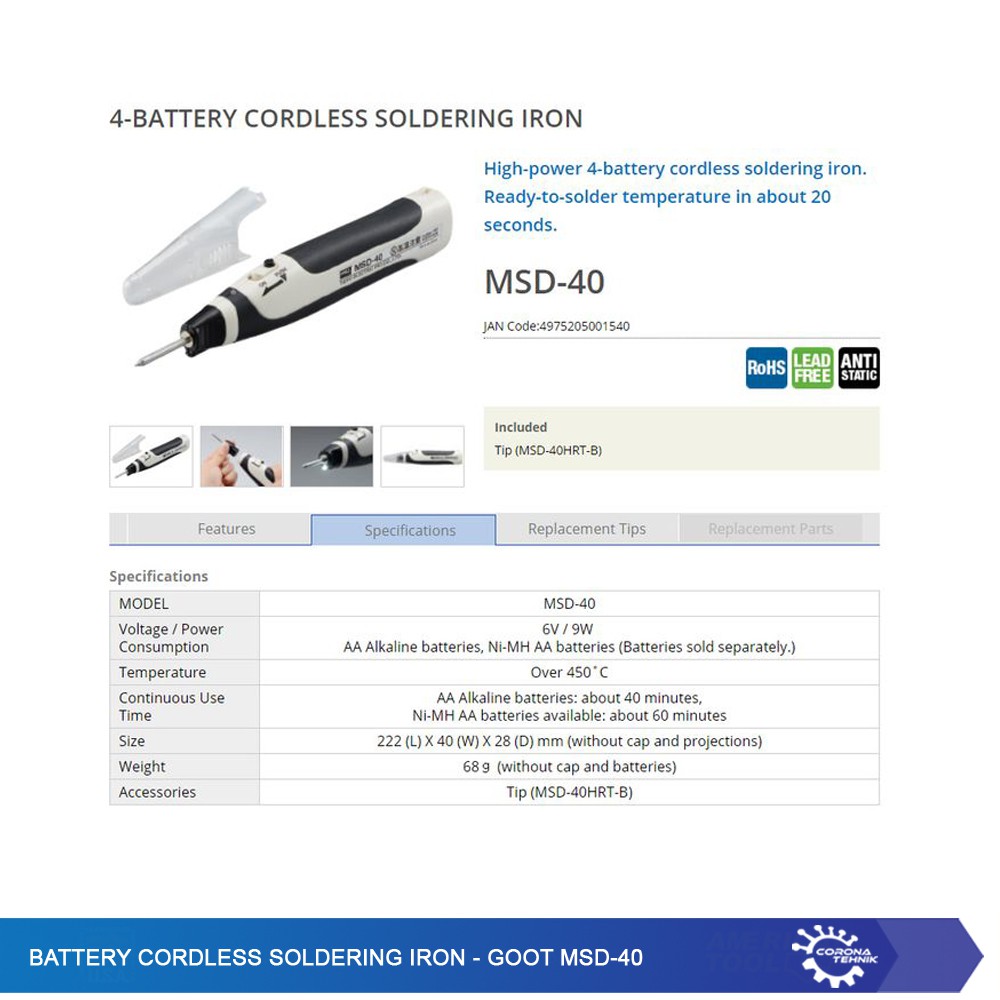 BATTERY CORDLESS SOLDERING IRON - Goot MSD-40