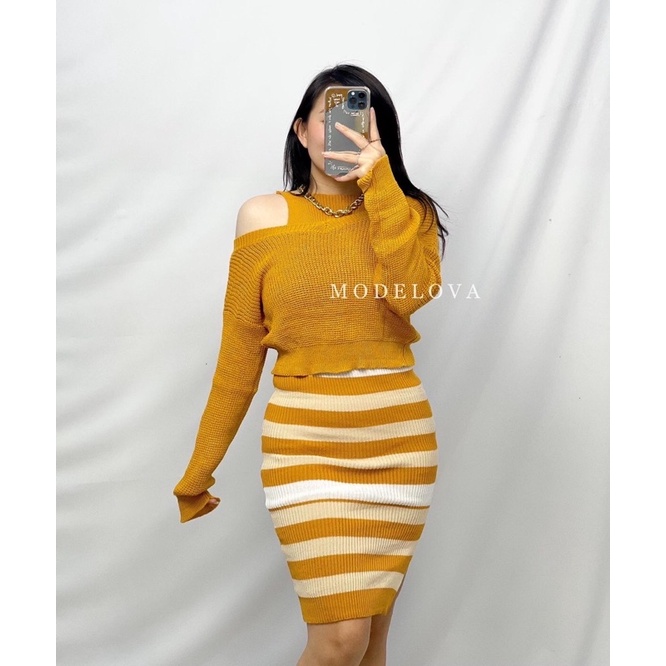 MDLV ~ SET YUPI RAJUT STRIPE SET RAJUT BAJU RAJUT  FASHION WANITA