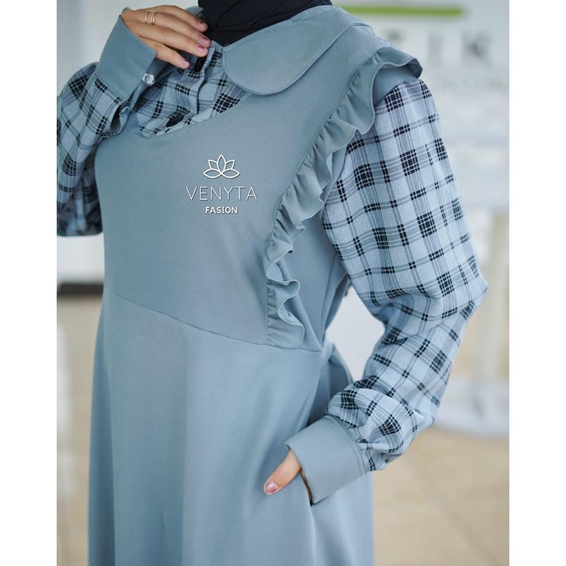 baju gamis wanita dress muslim terbaru Gamis kotak kotak CLARINE ORI VENYTA TANGAN KOTAK MOTIF BUNG 