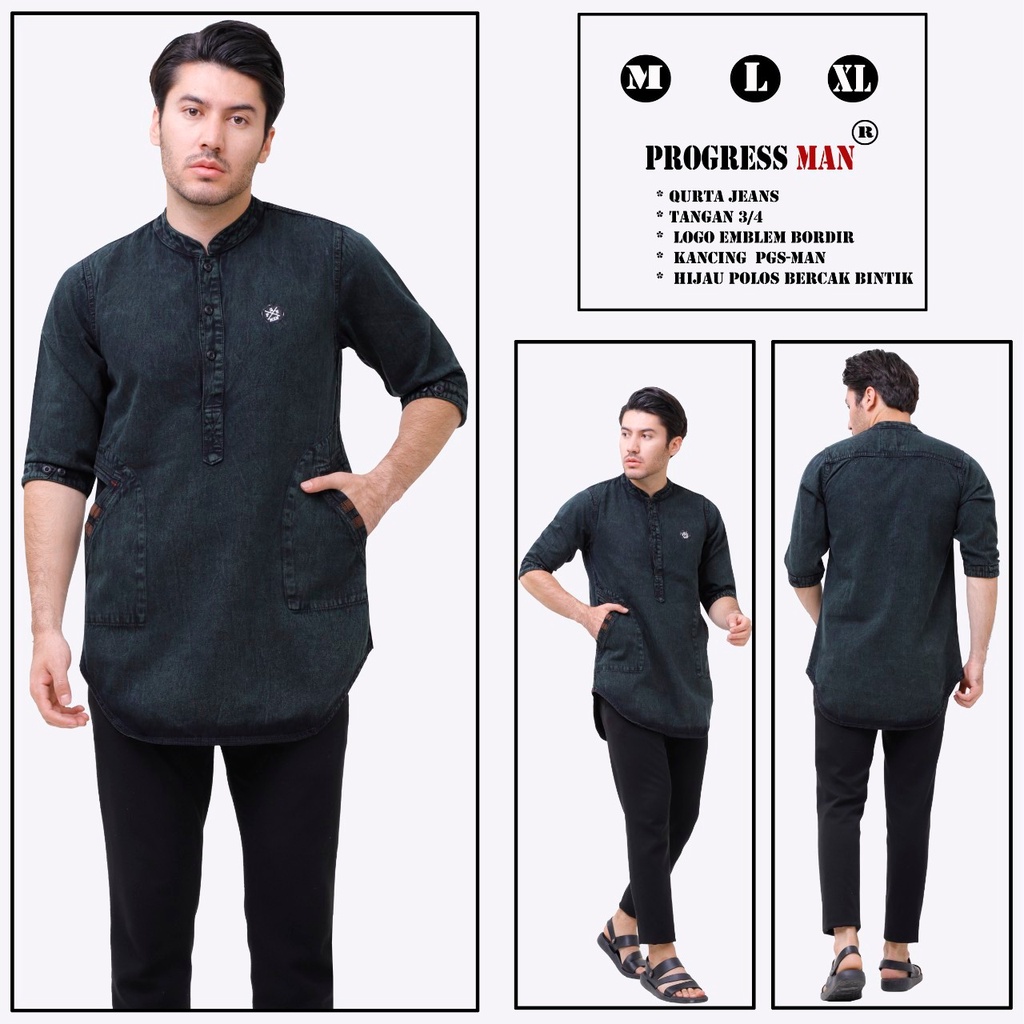 PROGRESS MAN baju koko jeans pria lengan tiga perempat koko kurta pangsi kemeja koko denim pria lengan tiga perempat kurta pangsi jeans baju kurta denim dewasa logo bordir Biru washing P4N9S404