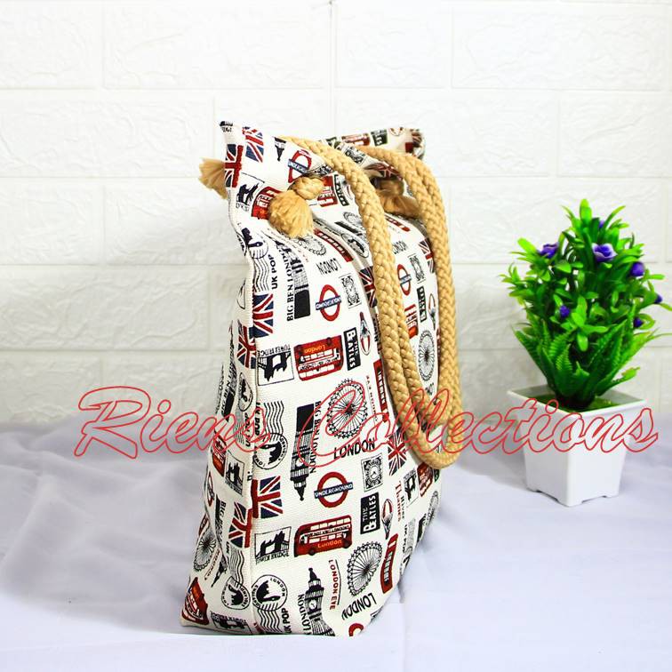 RIENS COLLECTIONS. TOTEBAG KANVAS. TAS KANVAS TALI KEPANG SUMBU MOTIF LONDON