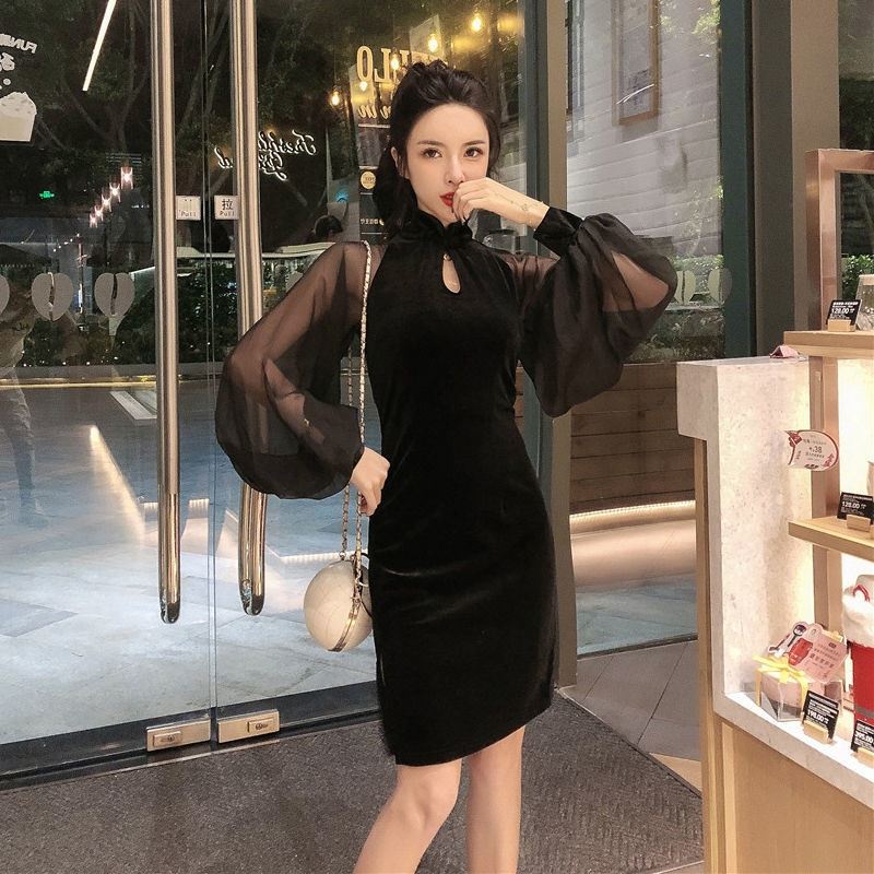 Winter and summer new stand collar velvet stitched chiffon skirt sexy slim wrap hip long sleeve midd