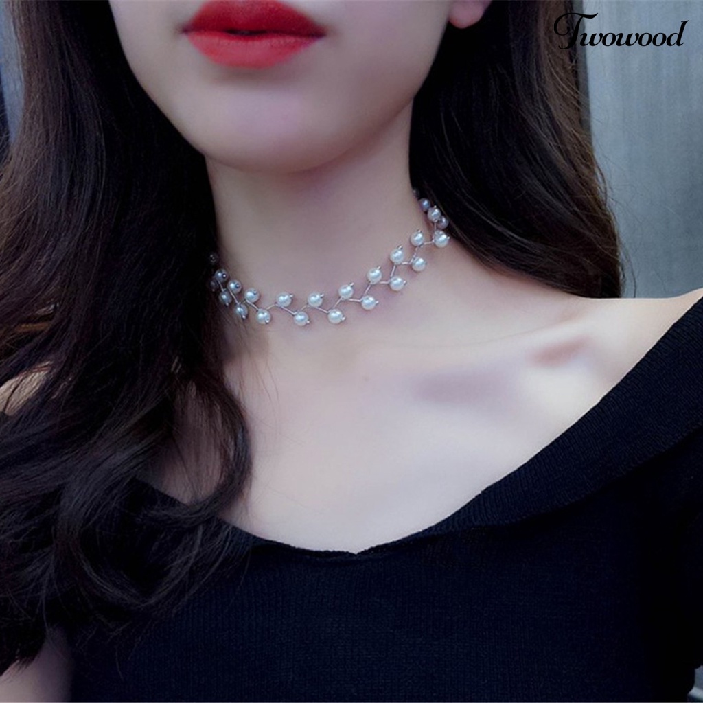 Twowood Imitation Pearl Lobster Clasp Necklace Collar Women Extension Chain Adjustable Choker Necklace for Party