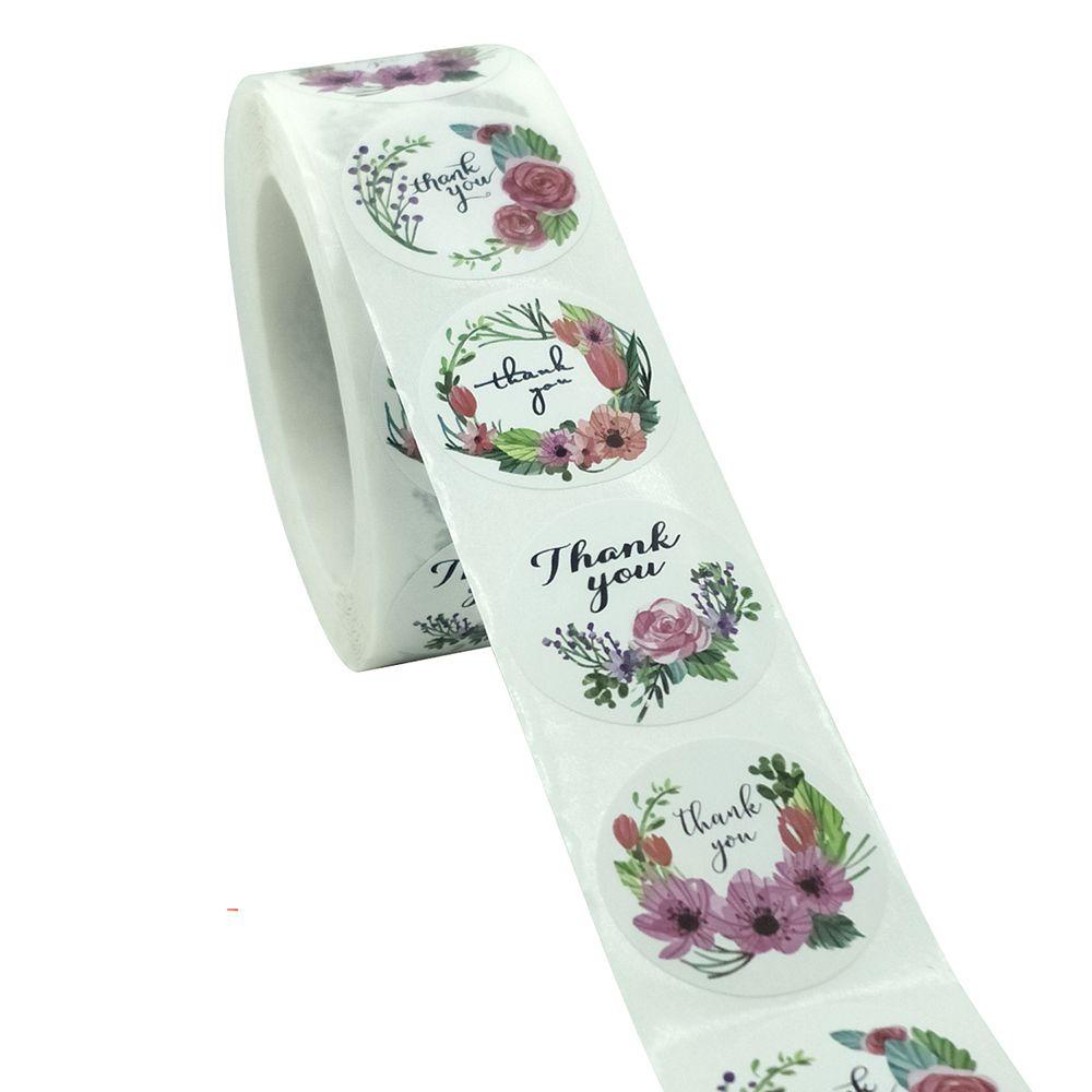 R-flower 500Pcs Thank You Stiker DIY Kerajinan Tangan Perlengkapan Pesta Happy Mail Paket label Bulat Hadiah Kertas Sticker