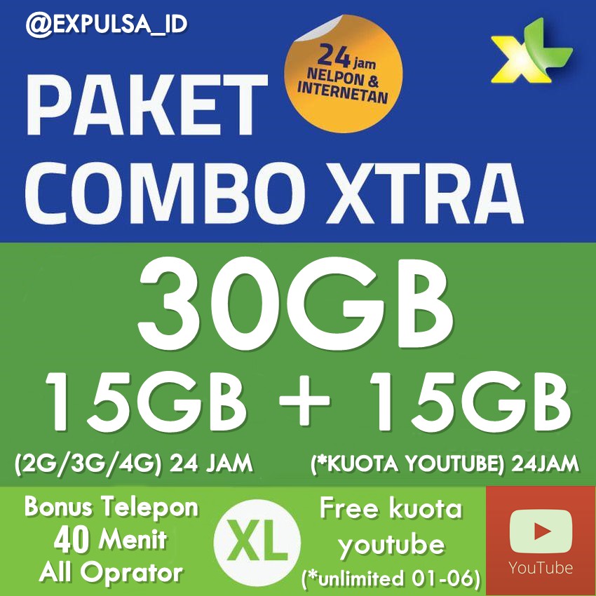 PAKET DATA XL XTRA  COMBO VIP 30GB  15GB 3G/4G + 15GB YOUTUBE + TELP ALL OP 40MENIT + FREE YOUTUBE