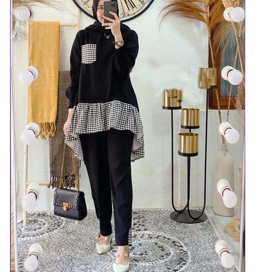 ➴ Baju Setelan Wanita Kekinian Setcel Terbaru Set Tunik dan Celana Kiyomi Katun Kotak Kotak Murah ♡