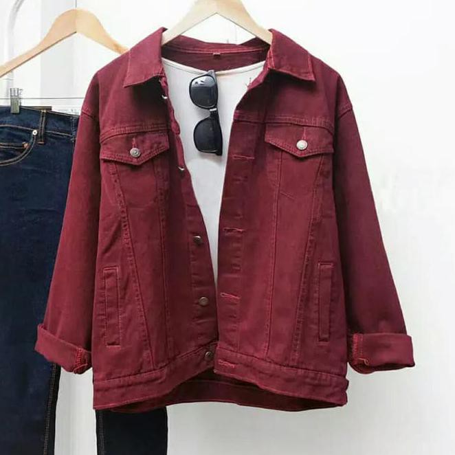 2Aou Jaket Levis Denim Lengan Panjang Merah Maroon Pria M-Xl Premium M24X