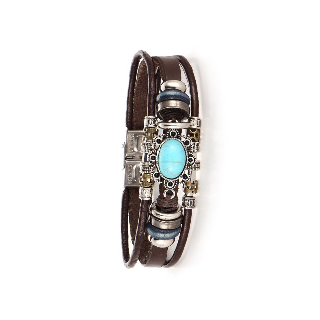 LRC Gelang Tangan Fashion Silver Faux Leather Inlaid Oval Turquoise Bracelet D09748