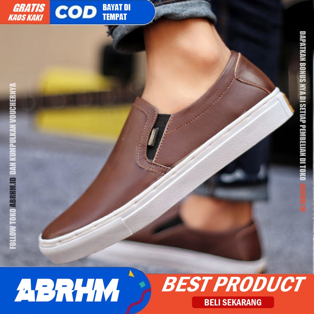 ABRHM- MORI Sepatu Slip On pria Sepatu Casual Pria Sepatu Pria Casual Kulit Asli Cowo/Cowok Ori Sepatu Kasual Sneakers Kets Gaya Santai Keren Kekinian Murah Terlaris