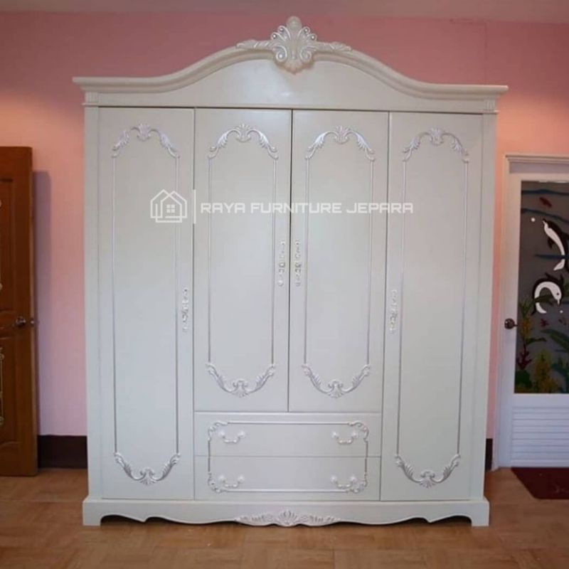 Lemari Baju Ukir Pintu 4 Almari Pakaian Minimalis Kayu Mahoni Mdf