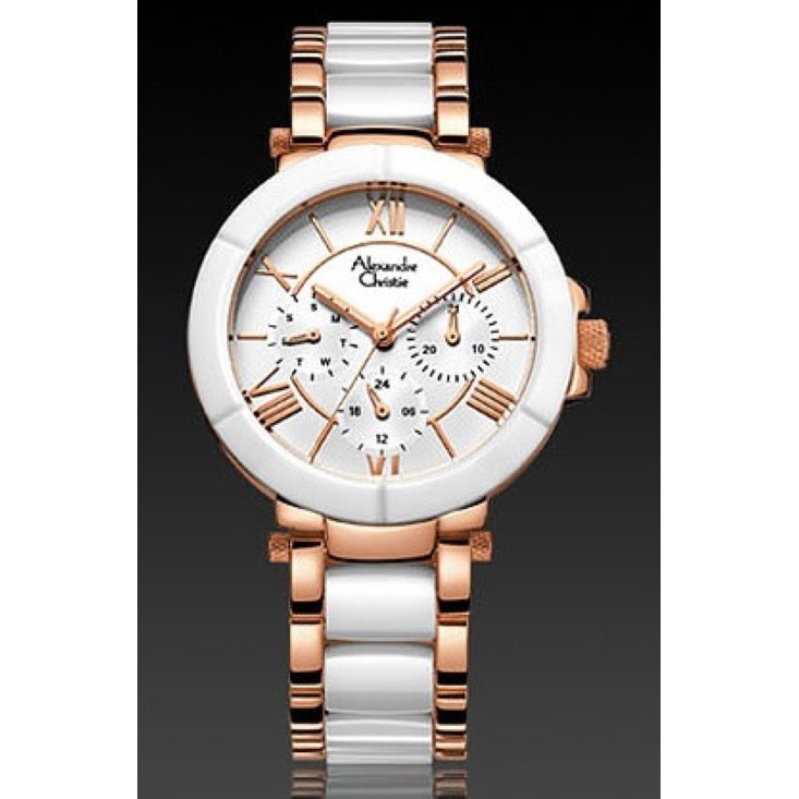 Jam Tangan Wanita Alexandre Christie AC 2366 Keramik Chrono White Putih Rose Gold Original Cantik