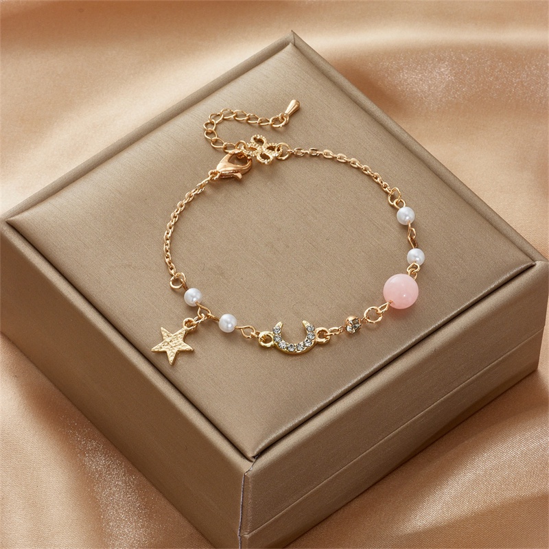 Gelang Rantai Adjustable Pendan Bintangbulan Hias Zirconmutiara Imitasi Gaya Korea