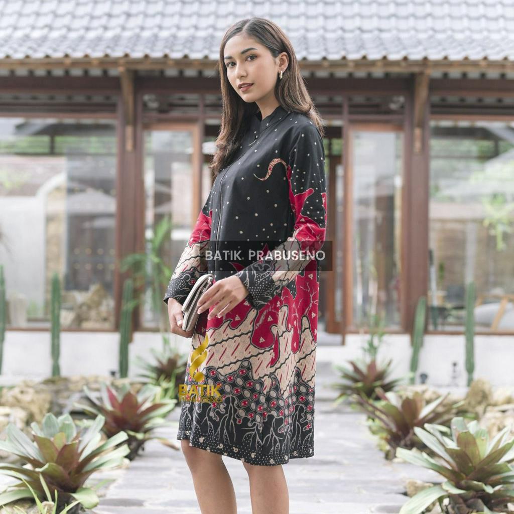 Batik Prabuseno Gavin Hitam Tunik Batik Katun Wanita Resleting Depan