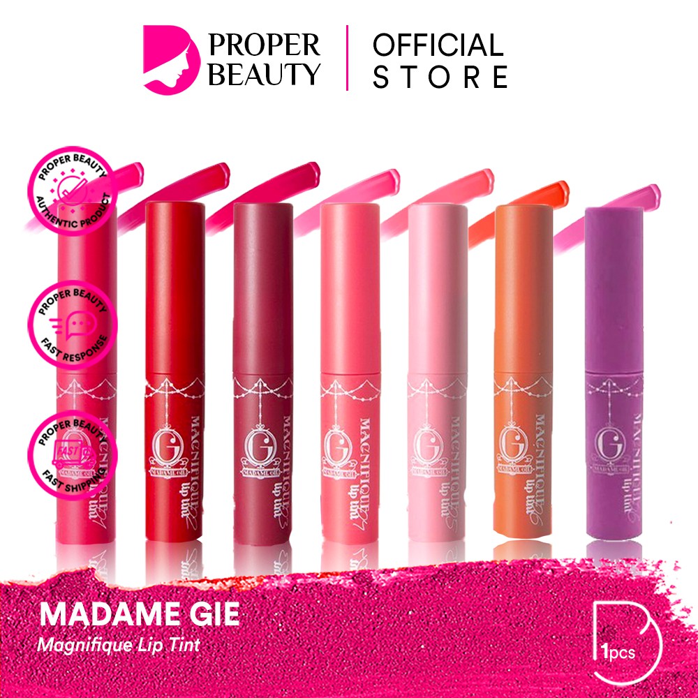 MADAME GIE Magnifique Lip Tint Indonesia / Lipstick Primer BB Foundation Loose Powder Lipstick Eyeshadow Blush On Eyeliner Eyebrow Mascara Matte Gloss Balm Kutek / Facial Wash Toner Essence Serum Sunscreen Moisturizer Cream Mask Masker Body / Lipill Paket