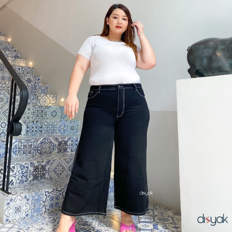 DISYAK - JUMBO Kulot Curvy High Waist Non Stretch Black Line 924