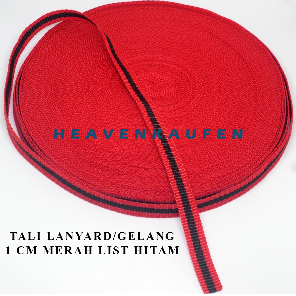 Tali Lanyard/Tali Gelang 1 cm Merah List Hitam Meteran