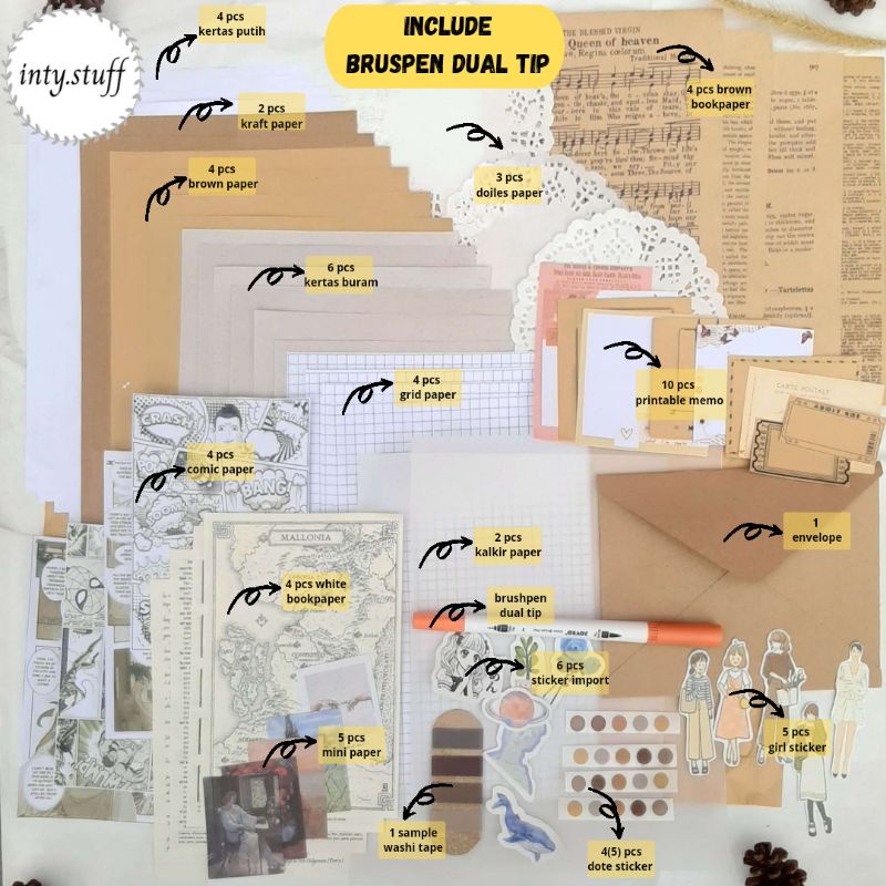 

[+BRUSHPEN] 68+pcs Journal Kit Vintage / Jurnal Kit / Bujo Vintage / Planner Kit / Aesthetic / Vintage /