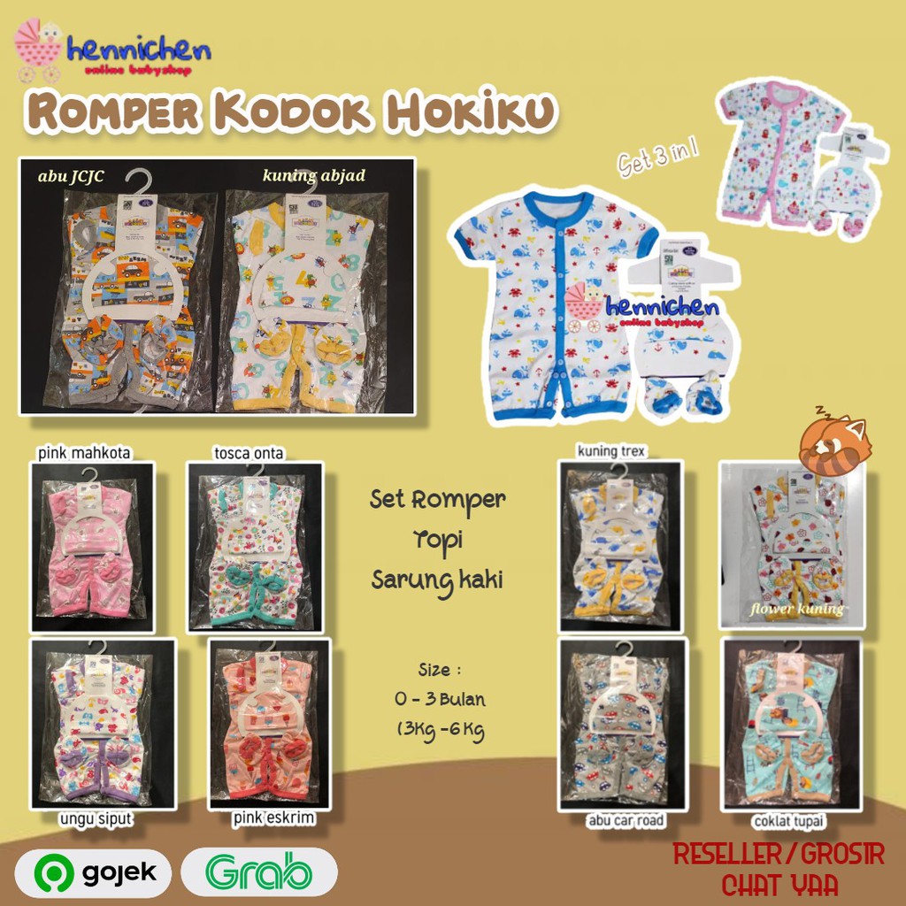 HOKIKU Set 3 in 1 romper segiempat kodok topi sarung kaki bayi newborn SNI Lembut