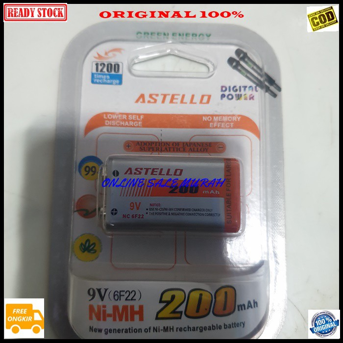 G285 Astelo rechargeable baterai 9V kotak baterry 9 volt batu cas casan charger elektronik batere batray mainan universal multifungsi mic mik ni-mh battery original  1500 TIMES RECHARGE  BATERAI CAS 200 MAH 6F22  BISA SEGALA JENIS ELEKTRONIK  ME