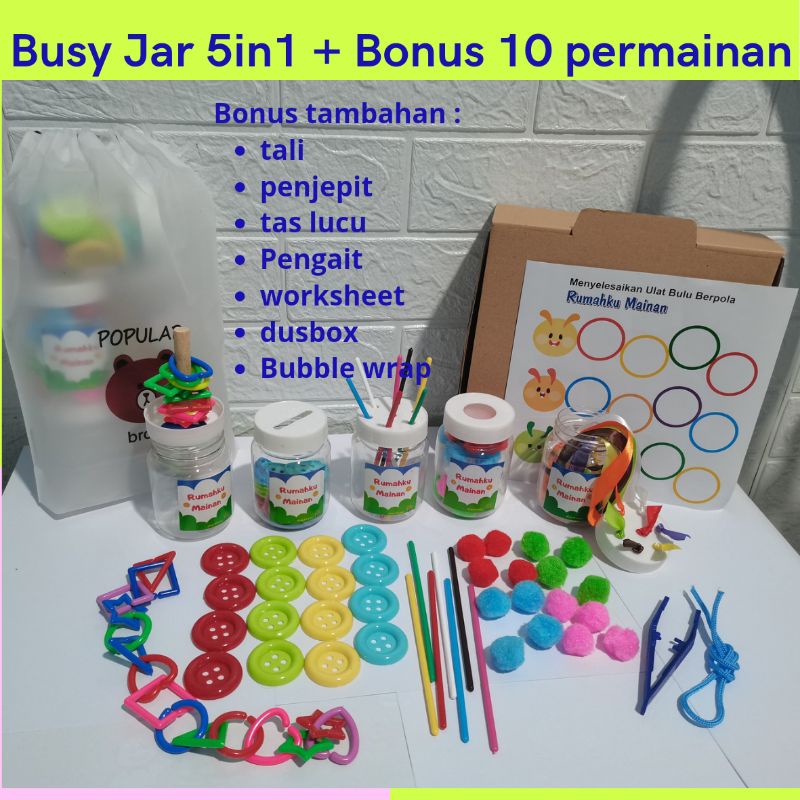 MAINAN MONTESSORI SENSORY BUSY JAR MAINAN EDUKASI ANAK POMPOM PUSH STICK JAR TAGGIE JAR BUTTON PUSH