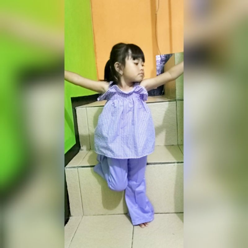 setelan anak perempuan celana cutbray atasan sabrina TEngtop+bando