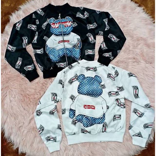 Bomber jaket satin motif branded lv supreme bear