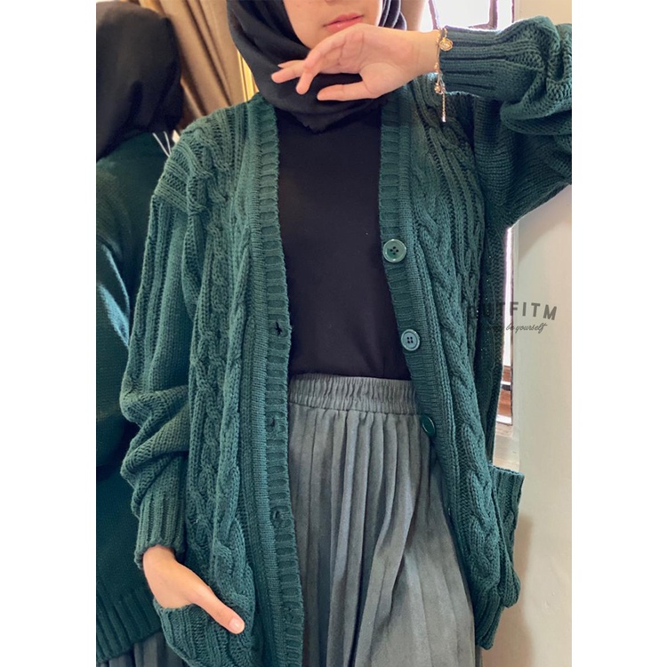 Outfitm Long Cable Knit Cardigan - Kardigan Rajut-Emerald