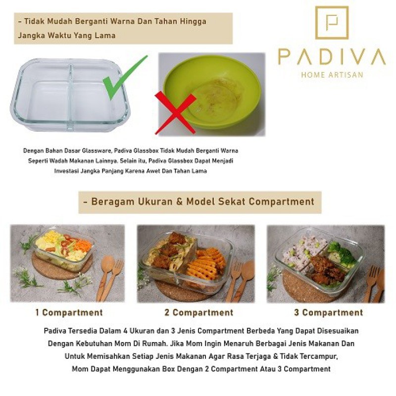 Padiva Glassbox 1 Compartment Glass Container Tanpa Sekat 2 Pcs - 1520 ml