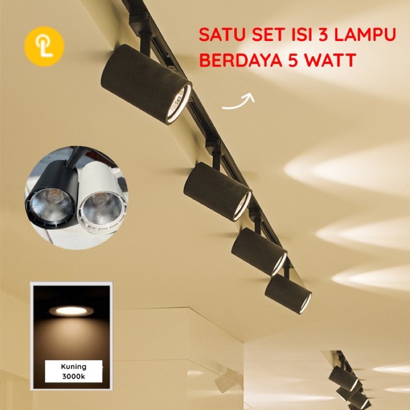 Paket Lampu Sorot 5w 5 watt 1 set isi 3 Lampu + Rel 1M 1 Meter Track Light Rel Spotlight