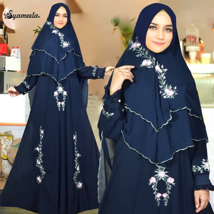 Gamis Syari SALE  TERLARIS  Set ceruti syari gamis Navy gamis ceruti bordir set Murah