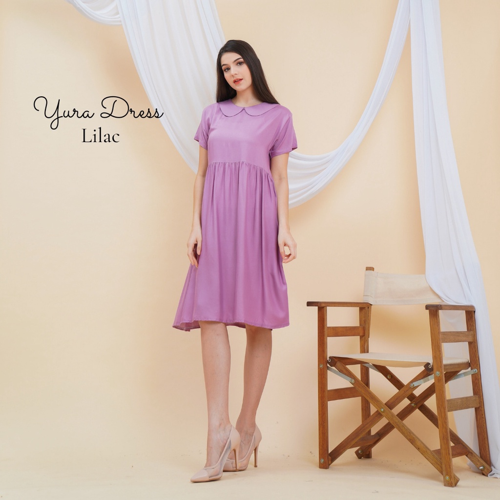 Yura Midi Dress Wanita Rayon Premium Baju Wanita Lengan Pendek Pakaian Fashion Kekinian LD 110 cm