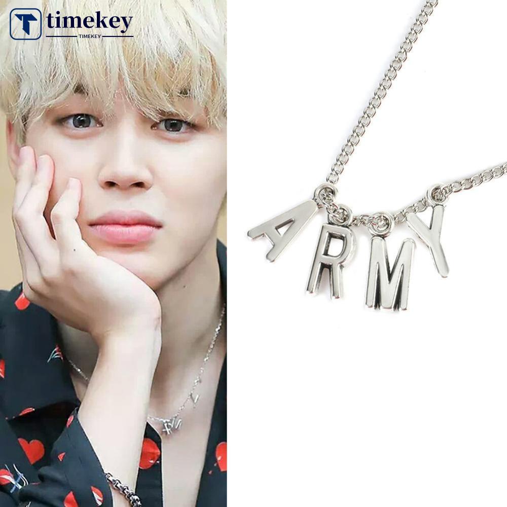 Timekey Kalung Rantai Silver Pendan Ukiran ARMY Kpop BTS Jimin Bangtan Boys Q6Z8 Untuk Unisex