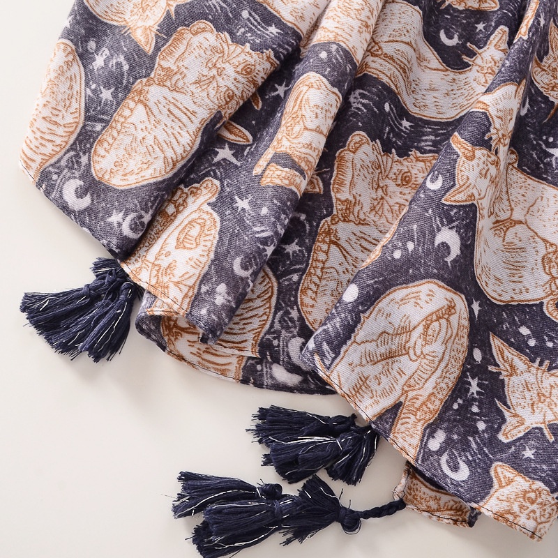 ITSFRIDAY HALA Scarf - Premium Pashmina Shawl Selendang Syal Pasmina Hijab Import Motif Cat Art Brown Navy Tassel