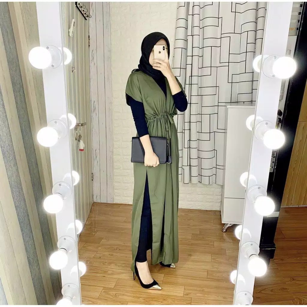 COD - OLIVARA DRESS GAMIS NAGITA KERUT SERUT PINGGANG POLOS LD 110 FIT S - XL FASHION MUSLIM WANITA MAXY PESTA KONDANGAN MODERN KEKINIAN TERMURAH TERLARIS-Army