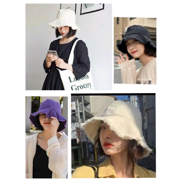 Topi rumbai wanita topi bucket rumbai rawis  bucket ripped bucket kpop korea