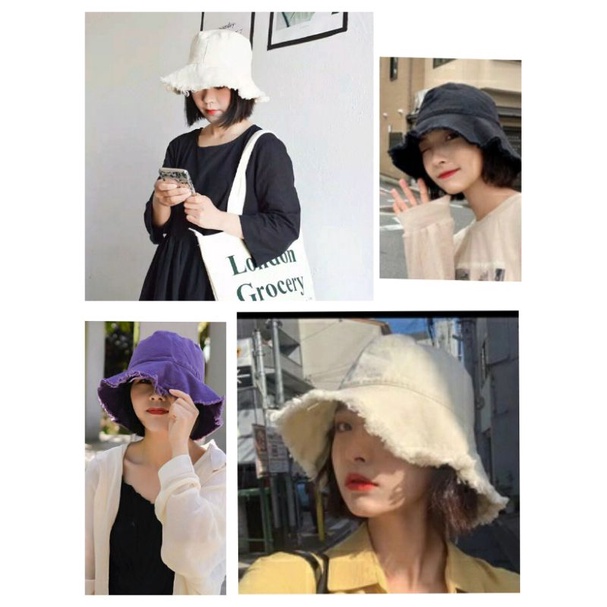 Topi rumbai wanita topi bucket rumbai rawis  bucket ripped bucket kpop korea