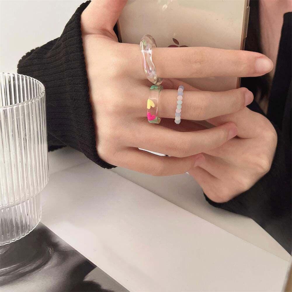 Mxbeauty Cincin Transparan Keren Vintage Warna-Warni Pola Cinta Kepribadian Fashion Gaya Korea Perhiasan Handmade Beaded Ring