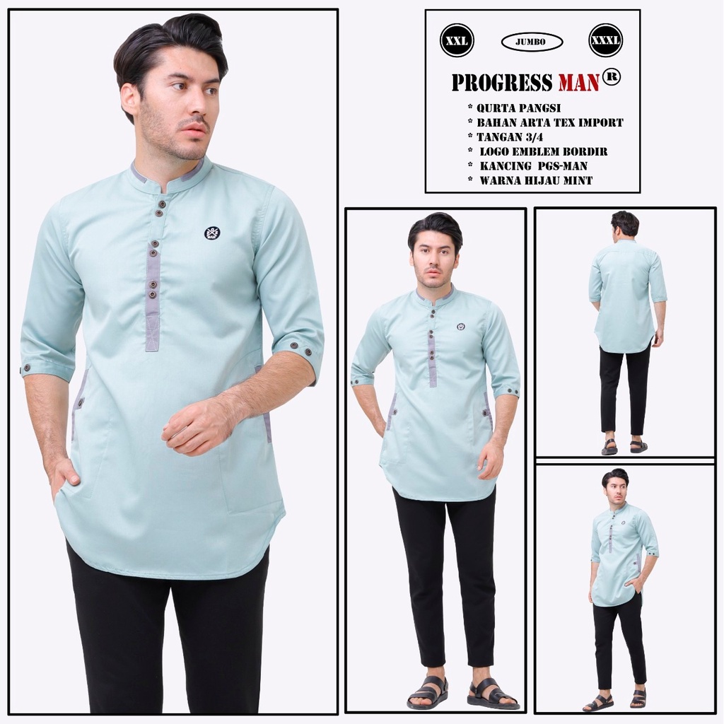 PROGRESS MAN baju koko pria lengan tiga perempat koko kurta pangsi jumbo kemeja koko pria lengan tiga perempat koko kurta pangsi big size baju kurta pangsi dewasa logo bordir Hiaju Botol P4N9S305