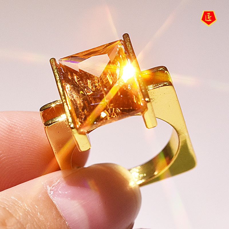 [Ready Stock]Fashion Personality Gold Inlaid Champagne Square Diamond Ring