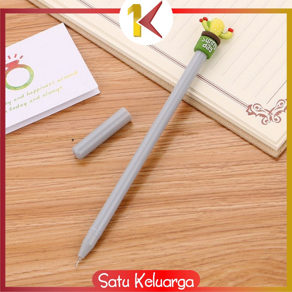 SK-A16 Pulpen Gel Karakter Kaktus / Pena Kaktus / Bolpen Gel / Pulpen Lucu Unik Bentuk Pot Kaktus-ABU