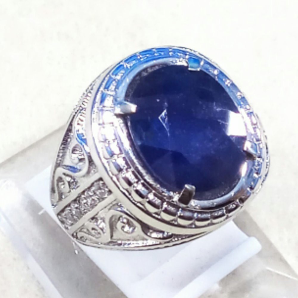 CINCIN BATU AKIK PERMATA NATURAL BLUE SHAPPIRE CUTTING RING ALPAKA SUPER GLAMOUR TERMURAH